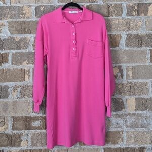 Vintage 80s James Bay Barbie Pink Preppy Polo Henley Long Sleeve Dress Small